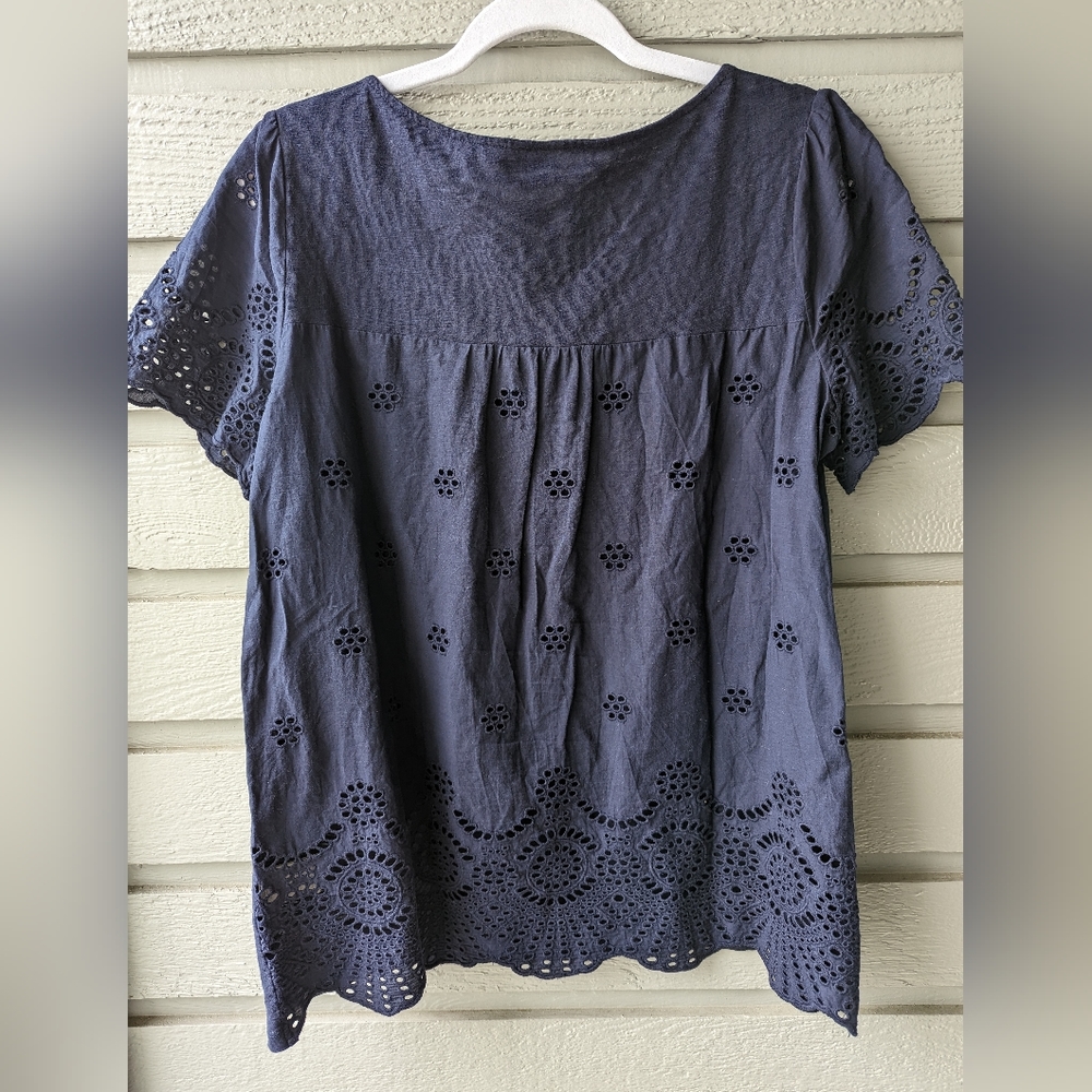 Boden Navy Blue Eyelet Sleeves Blouse Top T-shirt Women's Size US 12 UK 16